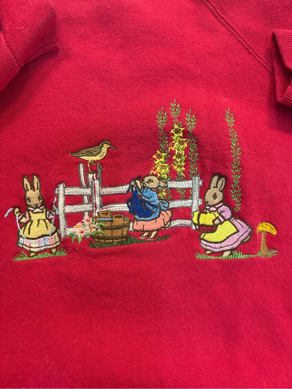Red Vintage Crewneck Sweatshirt with Embroidered Beatrix Potter Scene